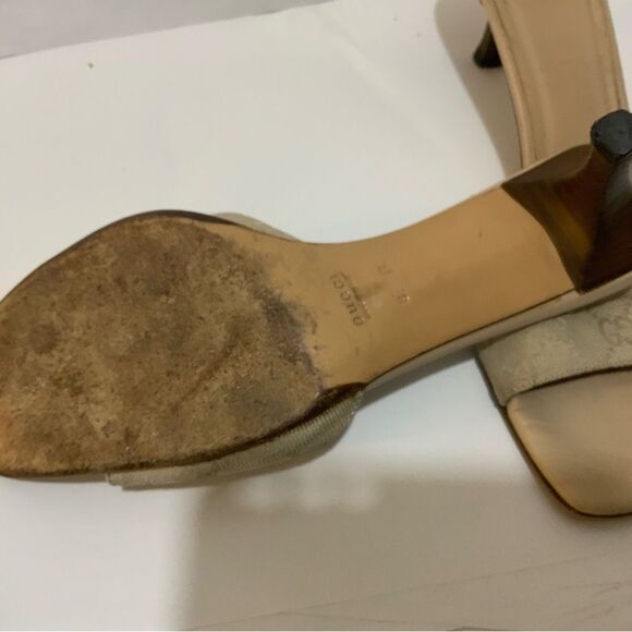 GUCCI Mules Sandals Heel GG Canvas Beige neutrals low heels size 8 B - Picture 9 of 14